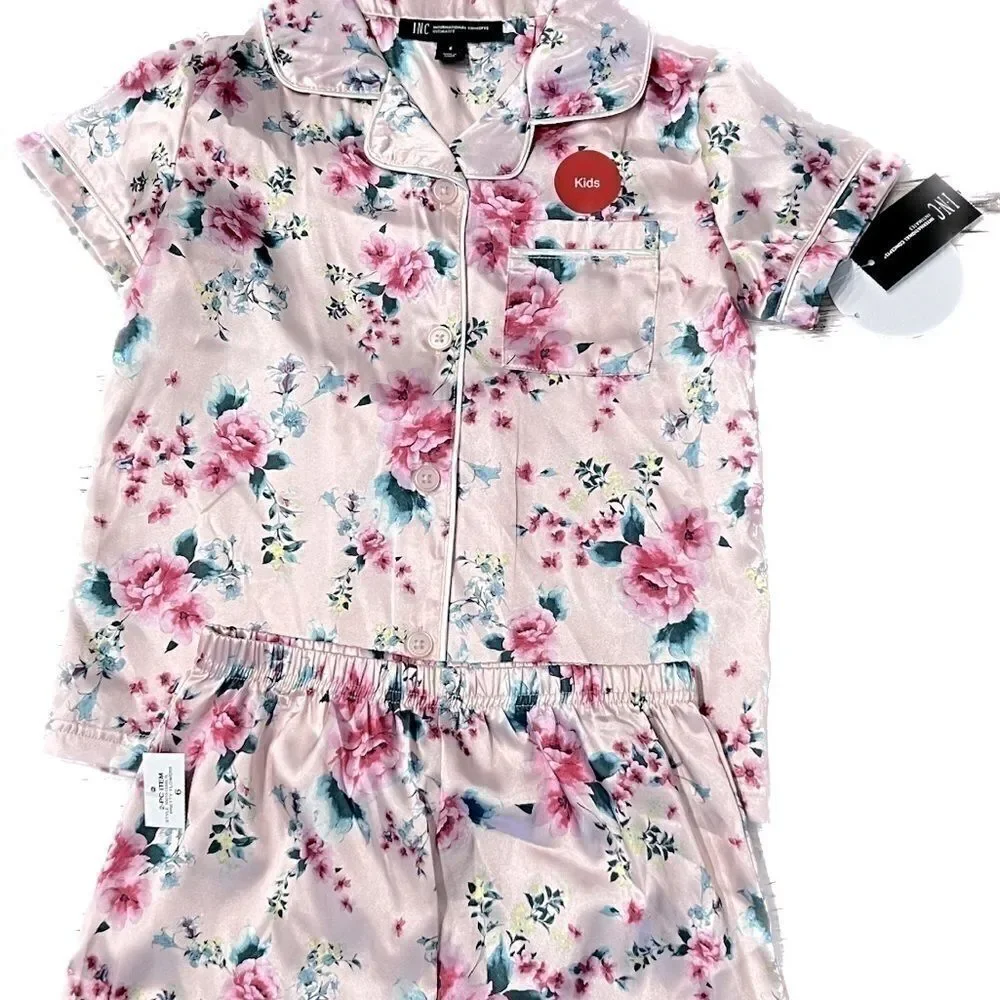 New INC Girl's Mommy & Me Satin Notched Collar Top & Shorts Pajamas Set 6